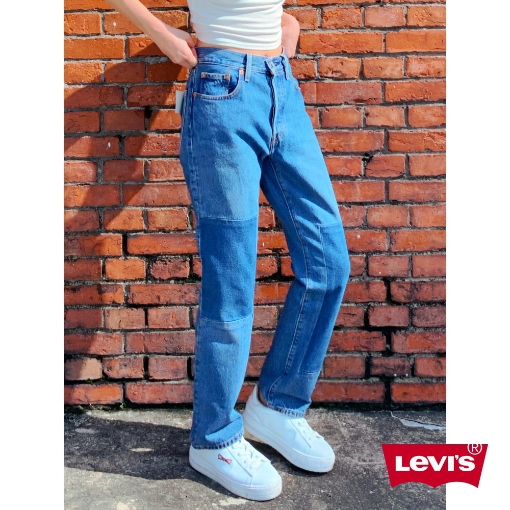 Levis 女款 高腰排釦直筒牛仔褲 復古水洗大補丁