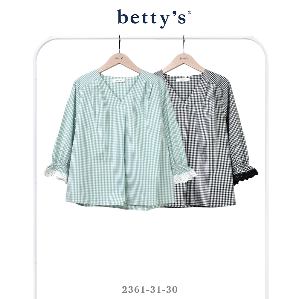 betty’s貝蒂思　V領袖口蕾絲格紋長袖上衣(共二色)