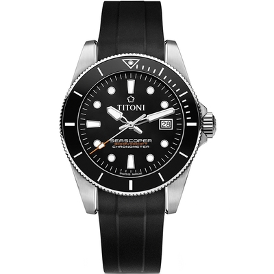 TITONI 梅花錶 官方授權 海洋探索 Seascoper 300 天文台認證陶瓷圈機械錶-男錶(83300 S-BK-R-702)42mm