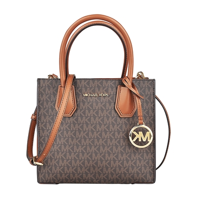 MK MICHAEL KORS MERCER 金字LOGO PVC滾邊牛皮手提斜背風琴包(中/棕褐)