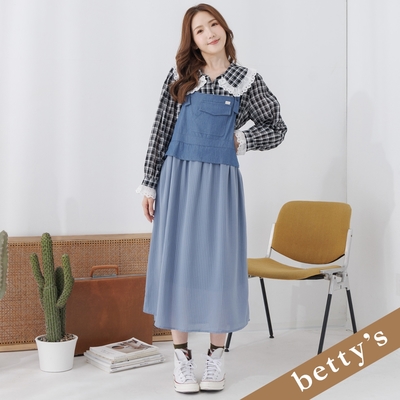 betty’s貝蒂思 假兩件吊帶牛仔細格洋裝(淺藍色)