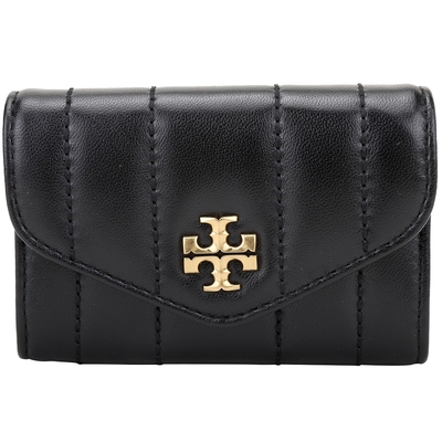 TORY BURCH Kira 雙T絎縫納帕皮革釦式卡片夾/零錢包(黑色)