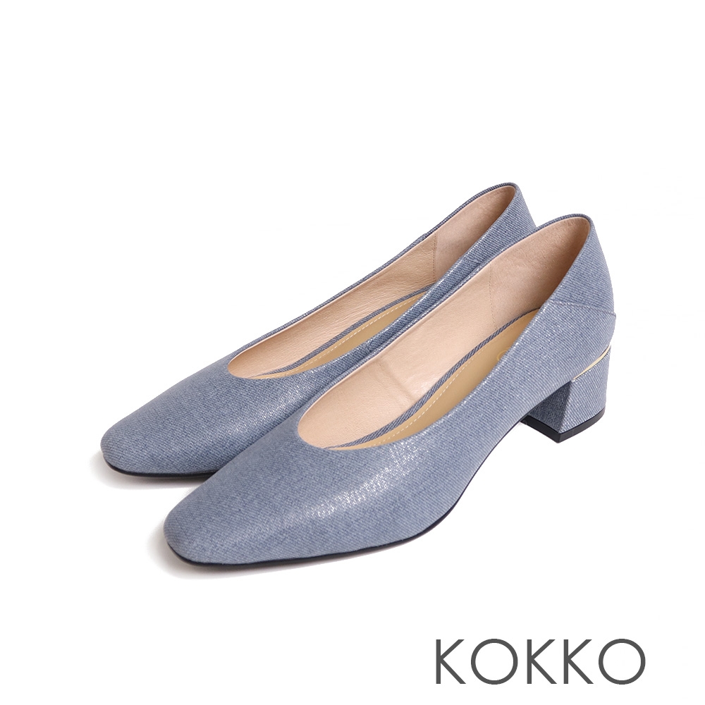 KOKKO柔軟舒適強支撐布紋真皮中跟粗跟鞋淺藍