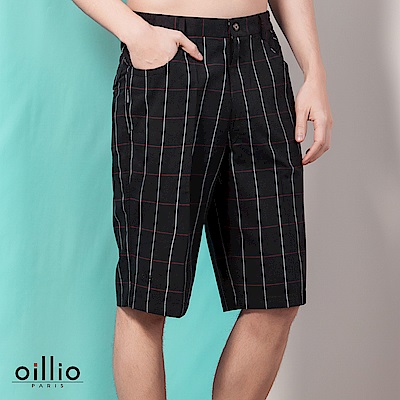 oillio歐洲貴族 休閒透氣純棉短褲 簡約素面格紋 黑色