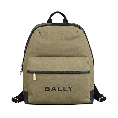 BALLY Bar燙印黑字LOGO帆布拼接牛皮拉鍊後背包(卡其綠)