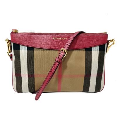 【BURBERRY 巴寶莉】39753681 經典格紋Peyton House系列牛皮飾編肩背斜背/手拿包(紅色)