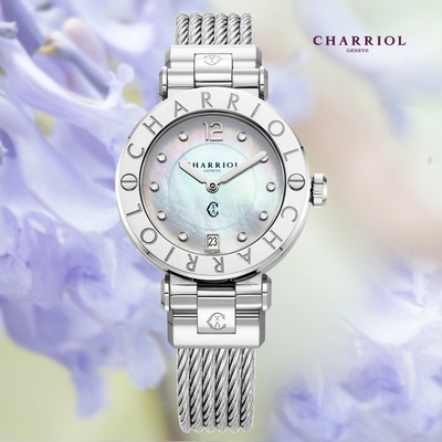 CHARRIOL 夏利豪 St-Tropez 珍珠母貝錶盤 鑲鑽石英女腕錶-銀色36mm CR36S.590.001
