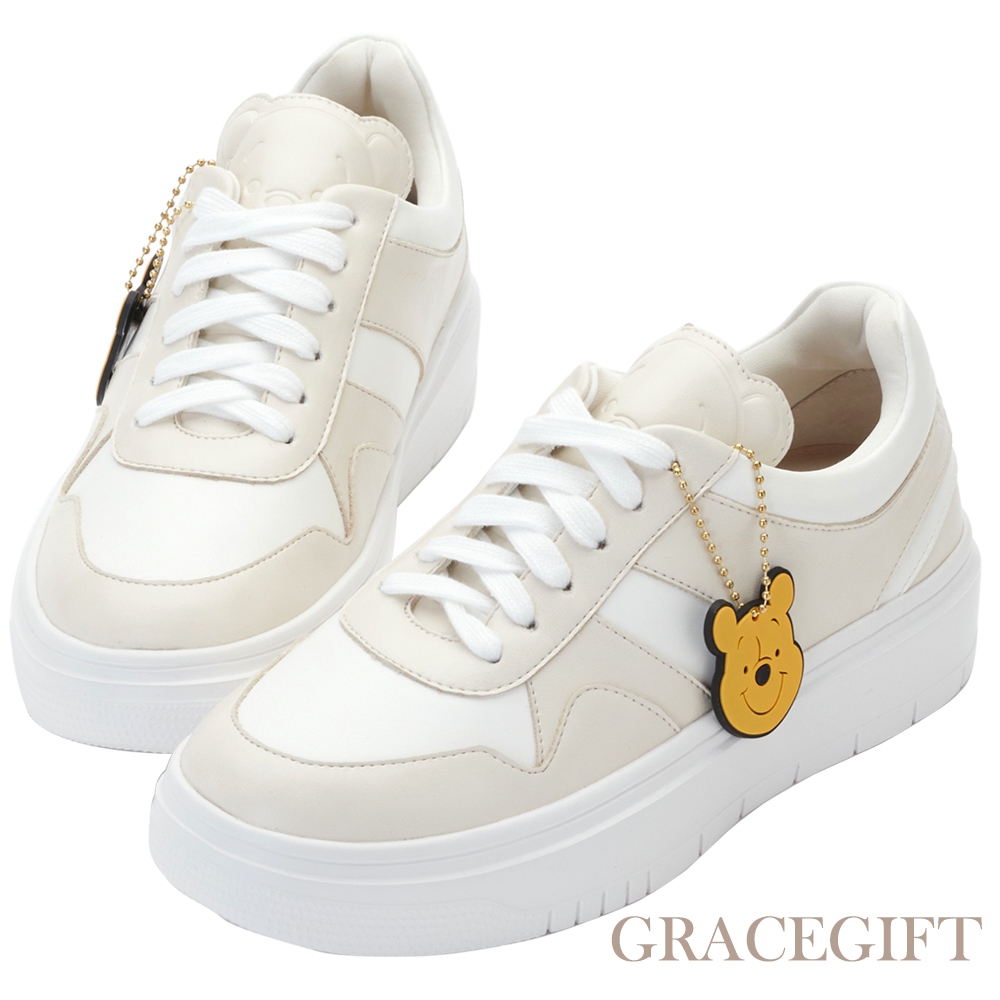【Grace Gift】迪士尼小熊維尼款大頭吊飾小白鞋 米黃