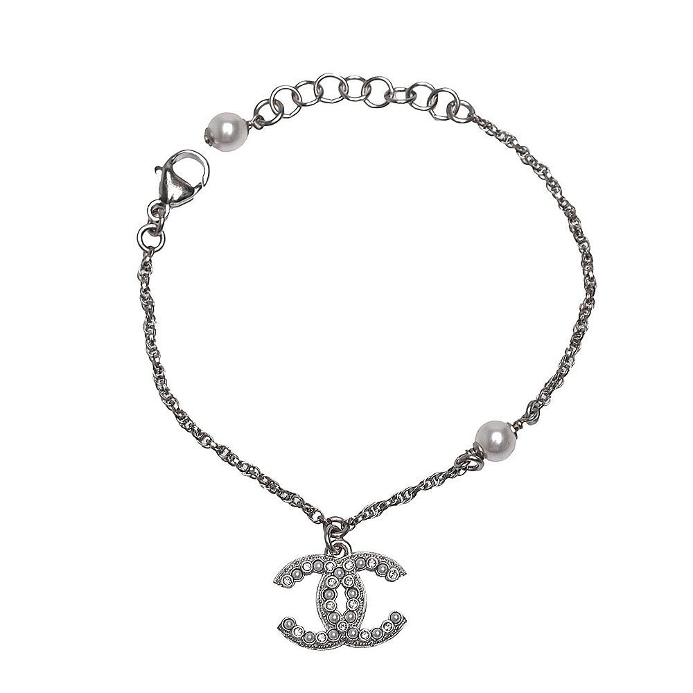 CHANEL 經典雙C LOGO水鑽珍珠交錯排列鑲飾造型手鍊(銀)
