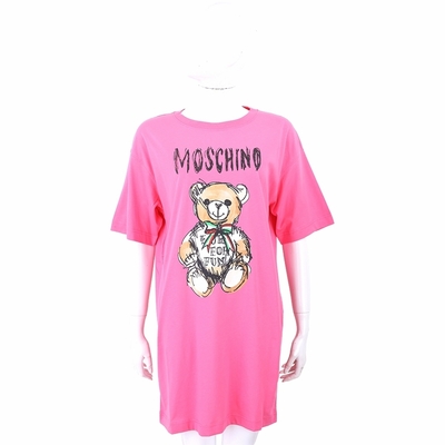 MOSCHINO 手繪泰迪熊字母桃紅色短袖長版TEE 洋裝