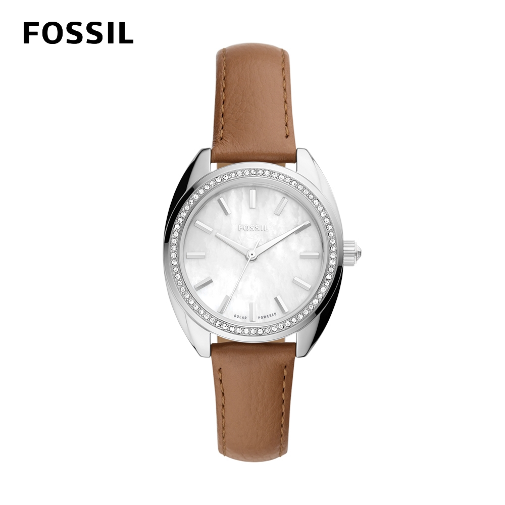 FOSSIL Vale 時尚都會鑽圈太陽能女錶 咖啡色真皮錶帶 34MM BQ3774