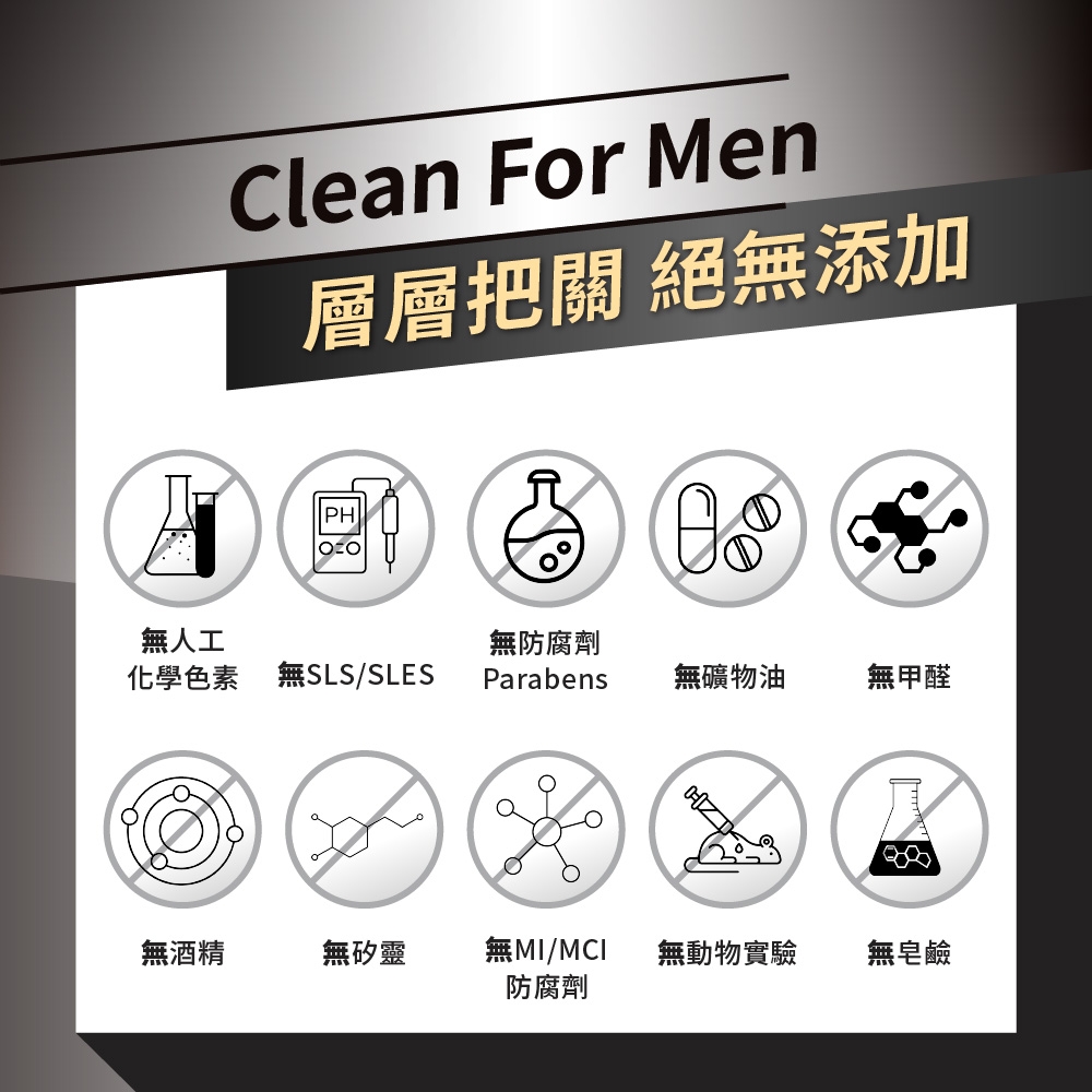 Clean For Men層層把關 絕添加PH無人工無防腐劑化學色素 無SLS/SLESParabens無礦物油無甲醛無酒精無矽靈無/MCI無動物實驗無皂鹼防腐劑