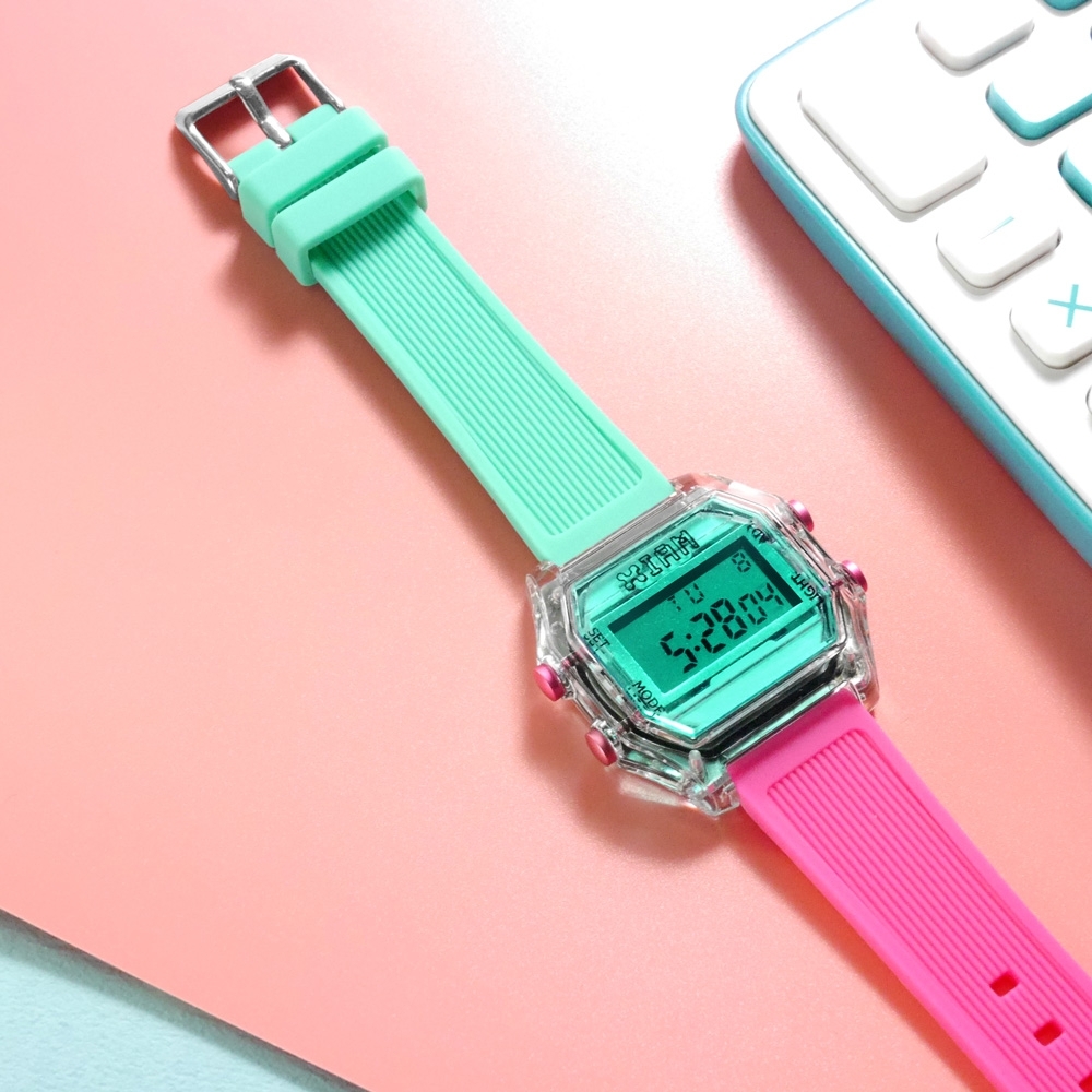 I AM 電子液晶 繽紛色彩 錶帶自由搭配 矽膠手錶-綠x透明x桃紅 33mm