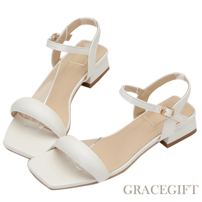 【Grace Gift】澎澎美學一字低跟涼鞋 米白