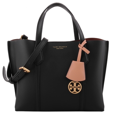 TORY BURCH 金字logo吊飾皮革手提/斜背三層包(黑)S