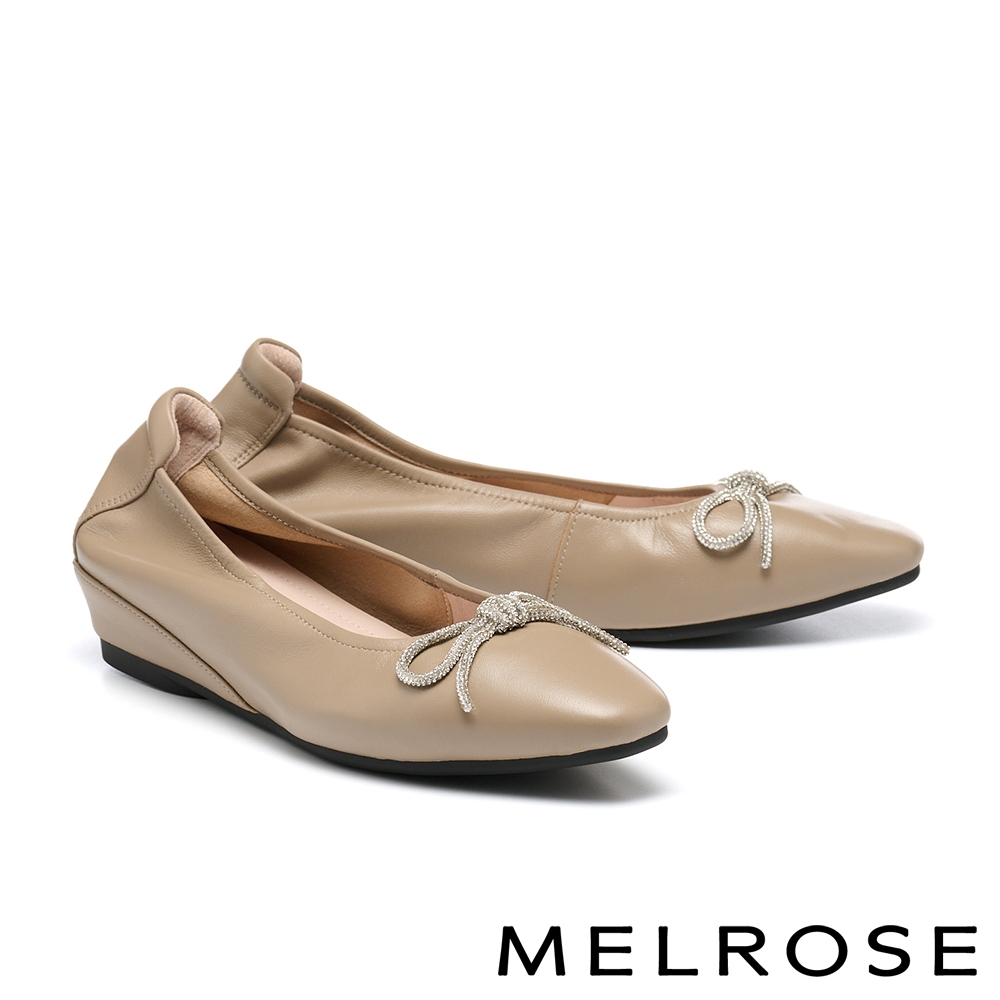 低跟鞋 MELROSE 美樂斯 沉穩典雅晶鑽蝴蝶結全真皮小方頭楔型低跟鞋－可可