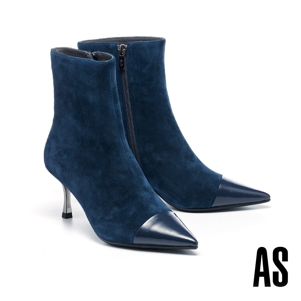短靴 AS 極簡時髦純色拼接羊麂皮尖頭高跟短靴－藍