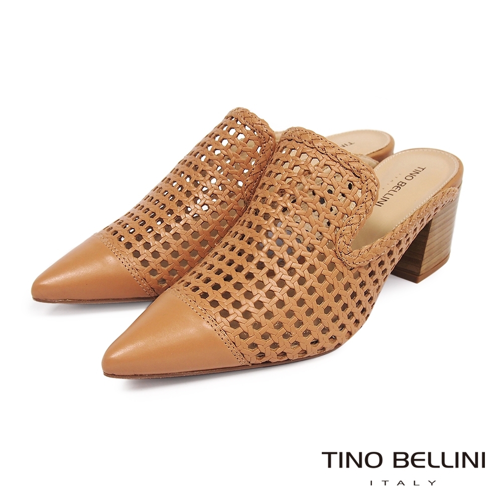 Tino Bellini 巴西進口尖頭編織鏤空粗跟涼拖鞋-駝