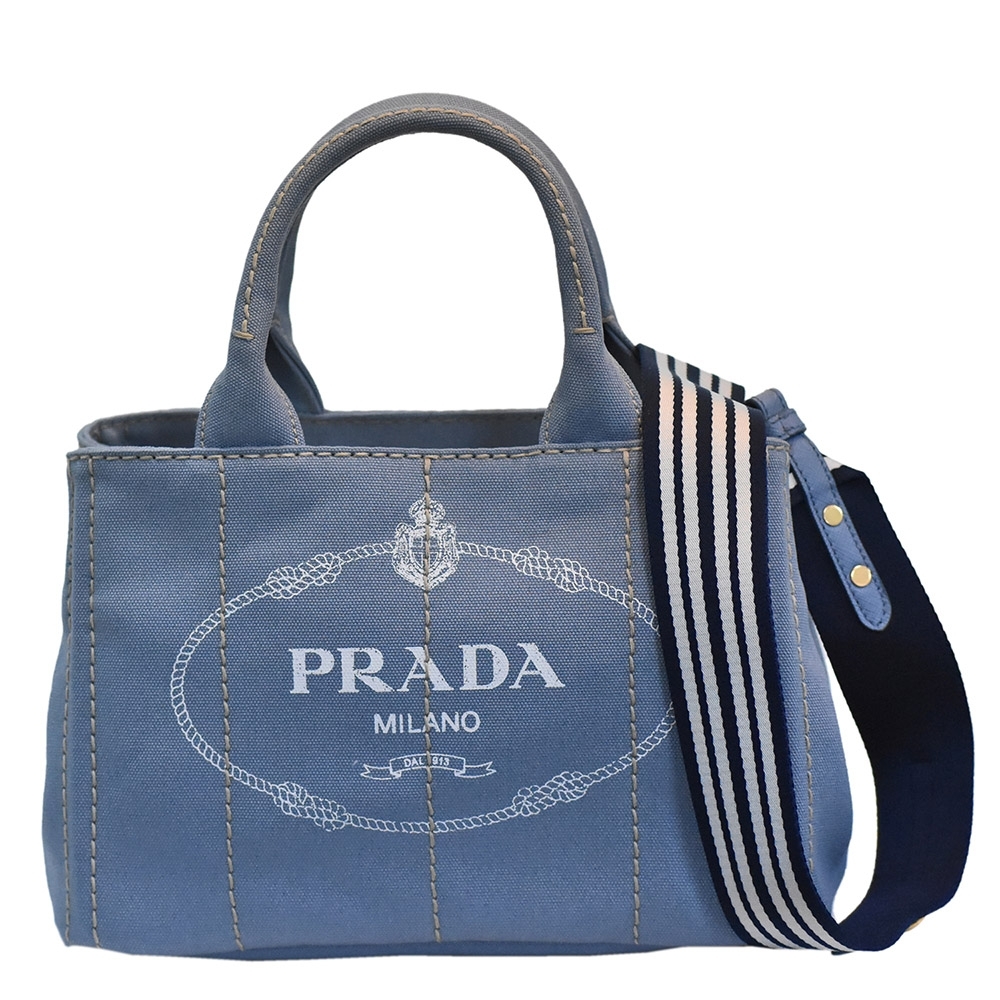 PRADA CANAPA經典LOGO帆布縫線條紋背帶手提/斜背包(牛仔淺藍)