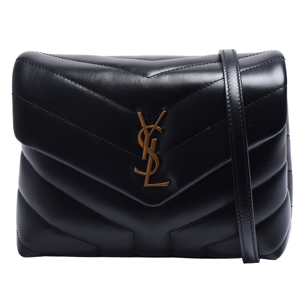 YSL LOULOU系列V字縫線仿舊金色金屬LOGO小牛皮掛腕/肩背/斜背包(小-黑)