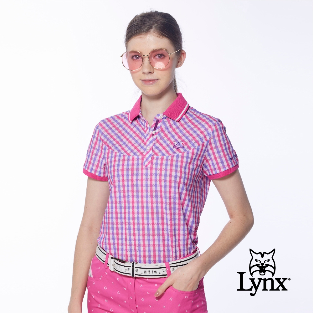 【Lynx Golf】女款吸濕排汗蛀蟲紗羅紋領滿版格紋短袖POLO衫/高爾夫球衫-桃紫色