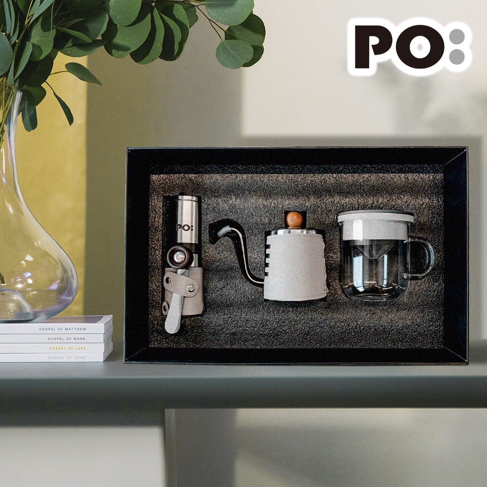 【PO:Selected】丹麥手沖咖啡三件禮盒組2.0(咖啡壺-灰/玻璃杯350ml-黑灰/咖啡磨2.0)