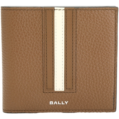 BALLY Ribbon 條紋拼接粒面牛皮8卡對折短夾(咖啡色)