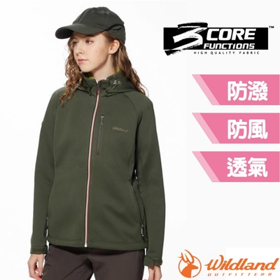 荒野 WildLand 女 防風防潑保暖軟殼連帽外套.夾克.風衣_深墨綠