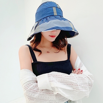 【89 zone】日系文藝格子大帽簷折疊防曬 空頂帽 遮陽帽(藍色格子)