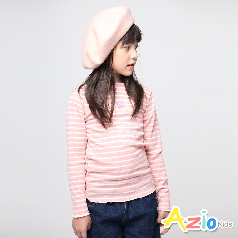 Azio Kids 女童 上衣 貓咪愛心印花坑條條紋長袖上衣 (粉)