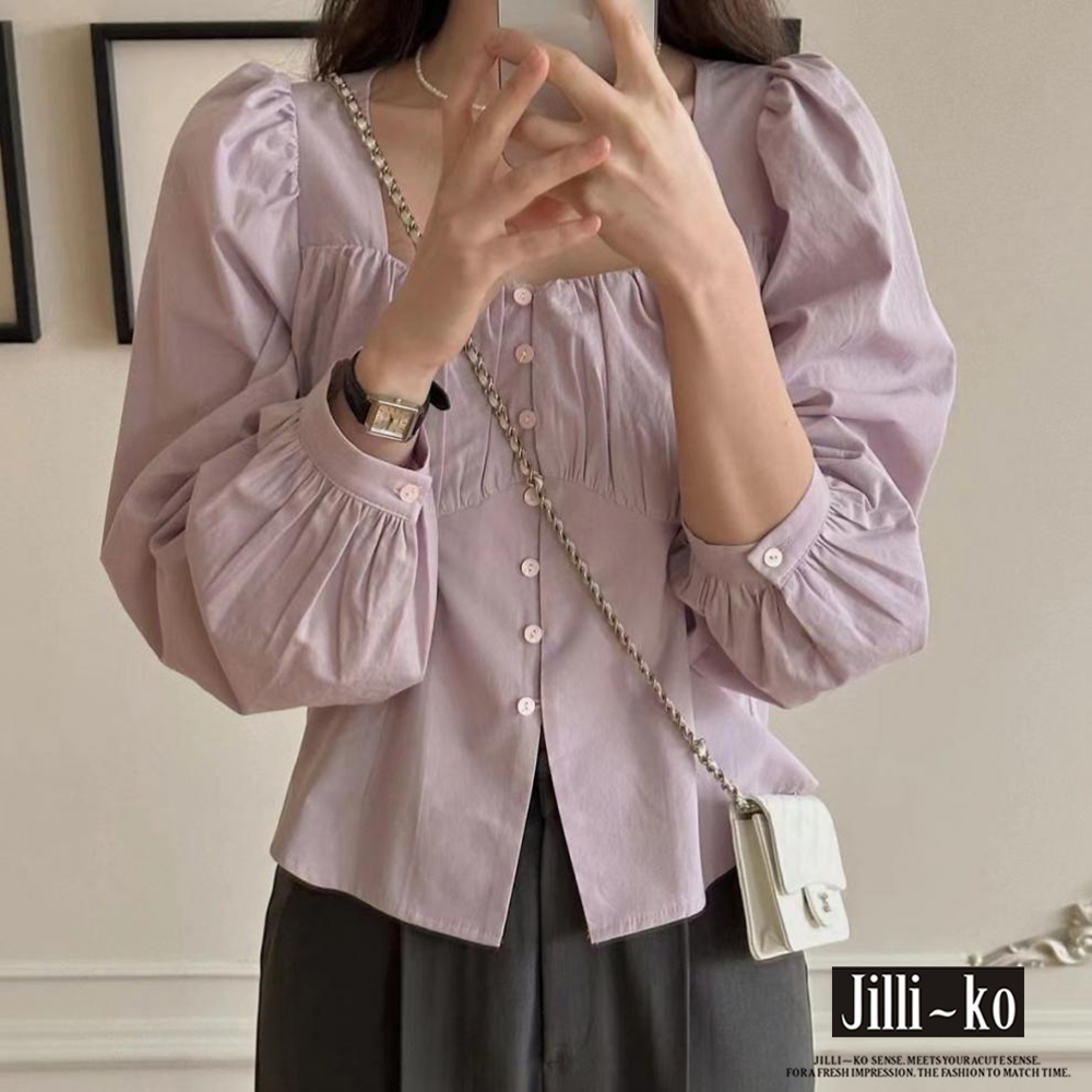 JILLI-KO 法式設計感小眾薄款方領氣質襯衫中大碼- 紫色