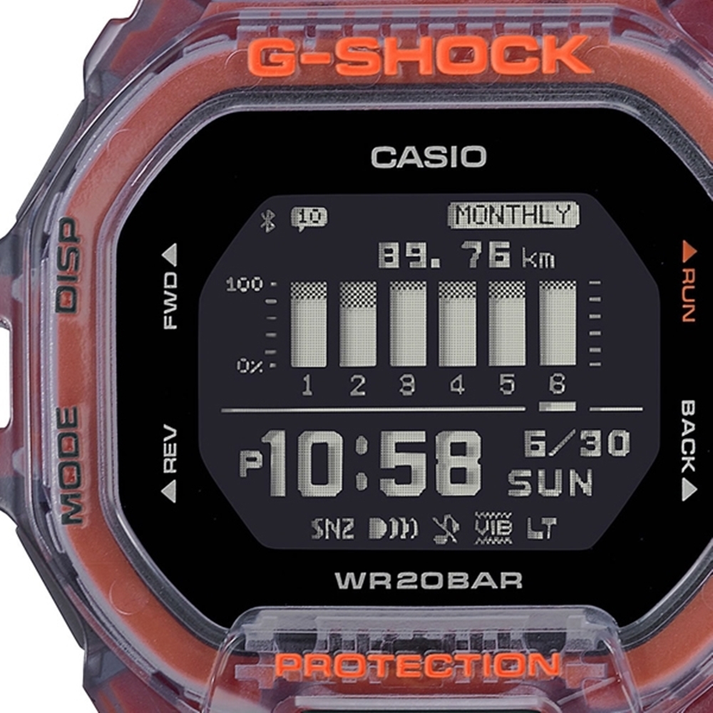 CASIO 卡西歐G-SHOCK 藍牙半透明灰x橘經典方型運動系列GBD-200SM