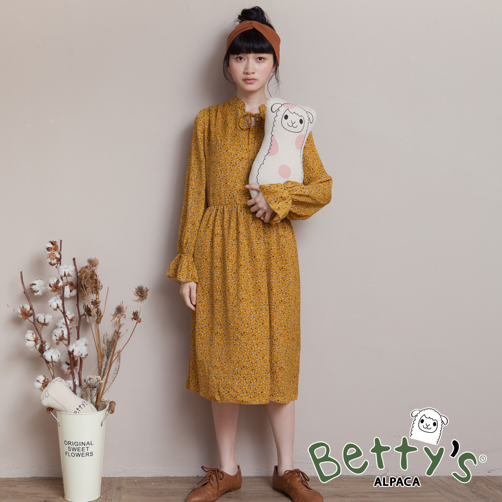 betty’s貝蒂思　滿版印花綁結雪紡洋裝(深黃)