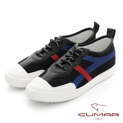 【CUMAR】真皮拼接異材質簡約線條鑽飾休閒鞋-黑