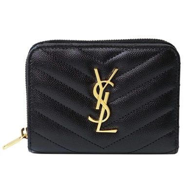 YSL Saint Laurent MATELASSÉ粒面壓紋皮革拉鏈短夾零錢包(金字/黑色)