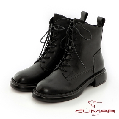 【CUMAR】復古大圓頭綁帶短靴-黑色