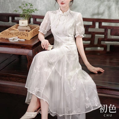 初色 復古立領碎花刺繡收腰顯瘦旗袍式連身裙洋裝-白色-34045(M-XL可選)