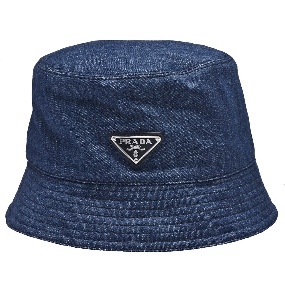 PRADA 經典金屬三角LOGO牛仔漁夫帽(藍)