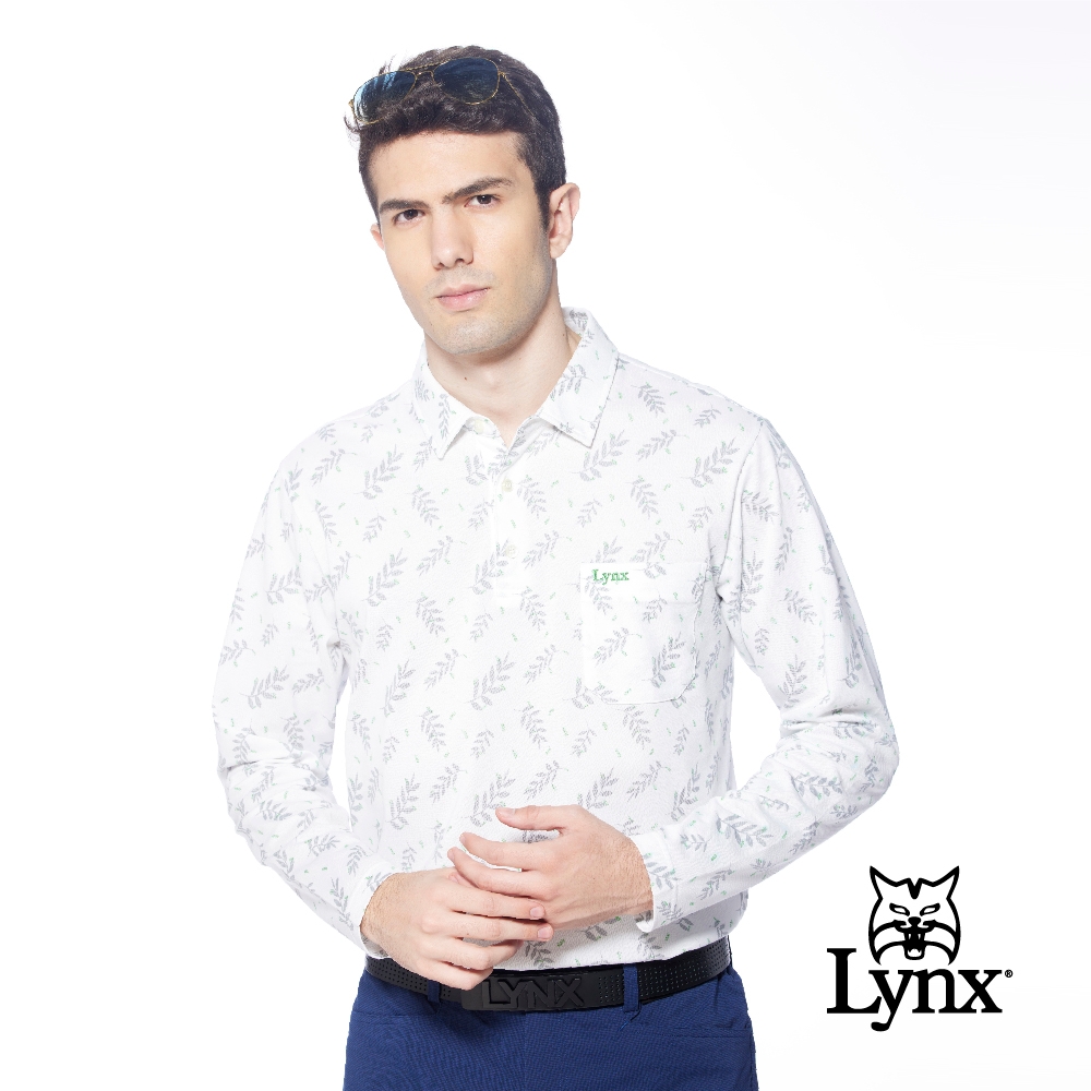 【Lynx Golf】男款吸排抗UV樹葉幸運草圖樣胸袋款長袖POLO衫/高爾夫球衫-白色