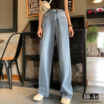 JILLI-KO 高腰直筒牛仔闊腿褲- 藍色