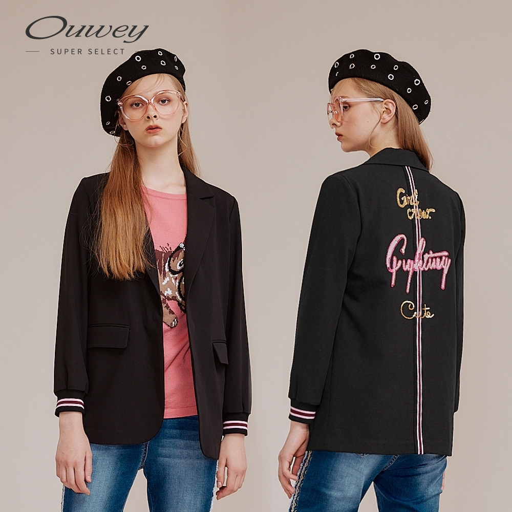 OUWEY歐薇 運動風配色羅紋西裝外套(黑)