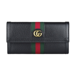 GUCCI Ophidia雙G LOGO綠紅綠織帶牛皮12卡扣式長夾(黑)