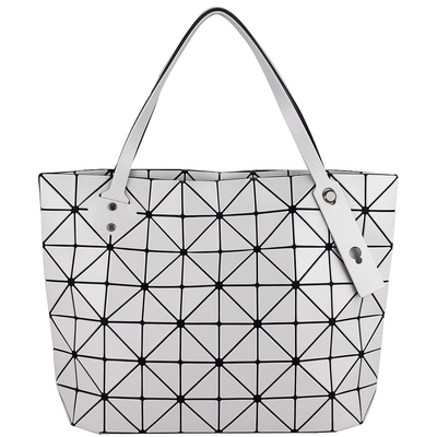 ISSEY MIYAKE 三宅一生 BAOBAO 白灰色皮質三角格7x10拉鍊托特包