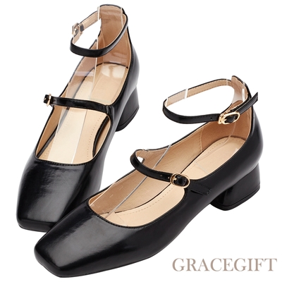 【Grace Gift】復古方頭雙帶中跟芭蕾瑪莉珍鞋 黑