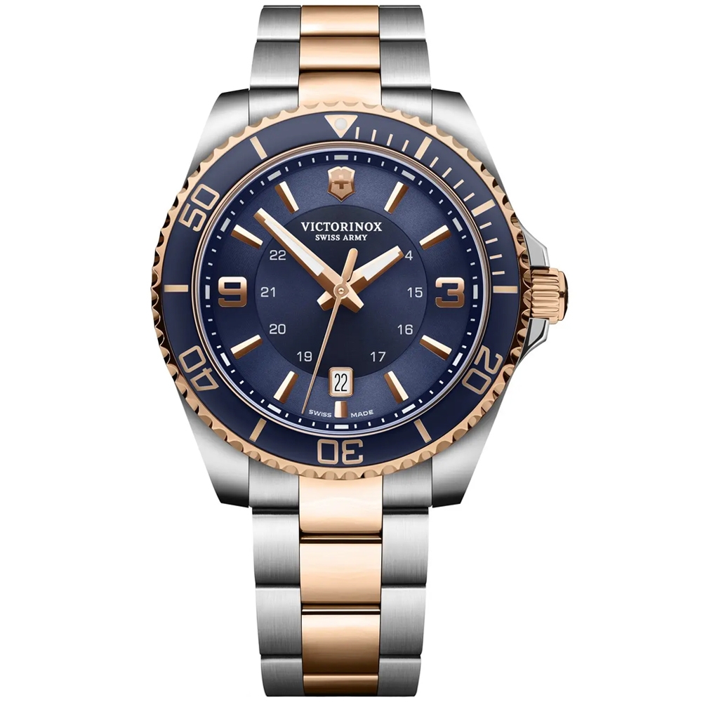 VICTORINOX瑞士維氏 Maverick 雙色潛水石英腕錶-玫瑰金x藍 43mm / VISA-241950