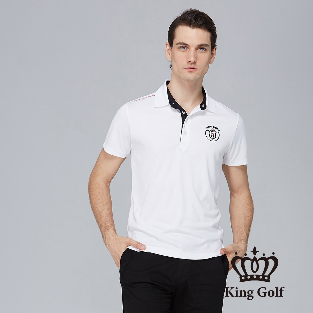 【KING GOLF】男款素面刺繡透氣簍空剪裁POLO衫/高爾夫球衫-白色