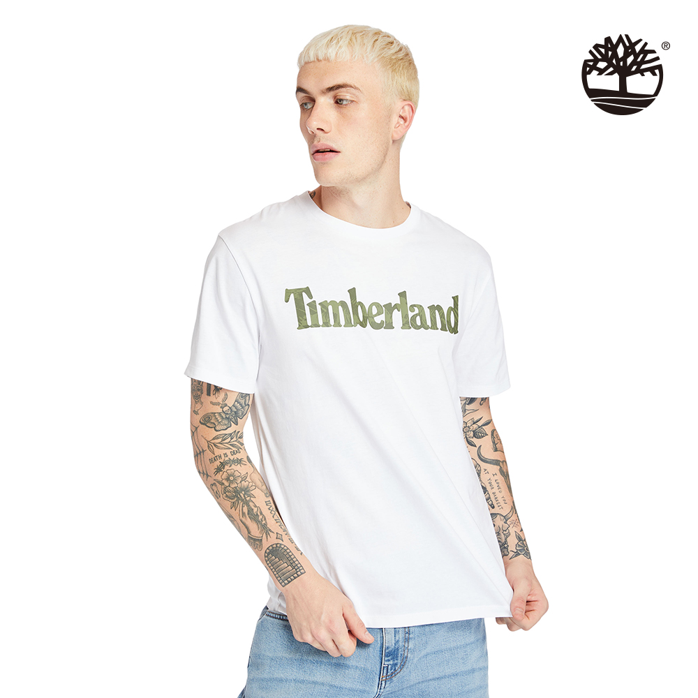 Timberland 男款白色線形LOGO迷彩印花短袖T恤|A2593100