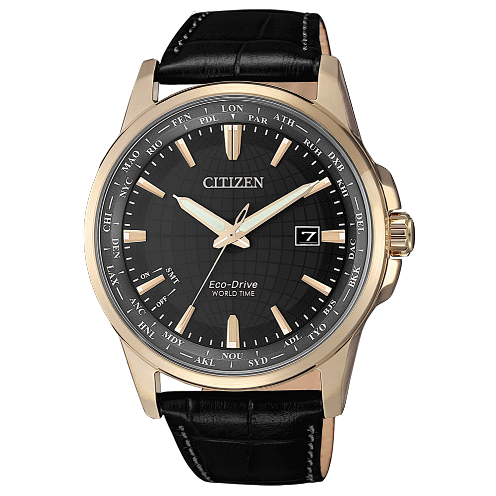 CITIZEN GENT S光動能世界時間皮革腕錶-黑X玫瑰金(BX1008-12E)