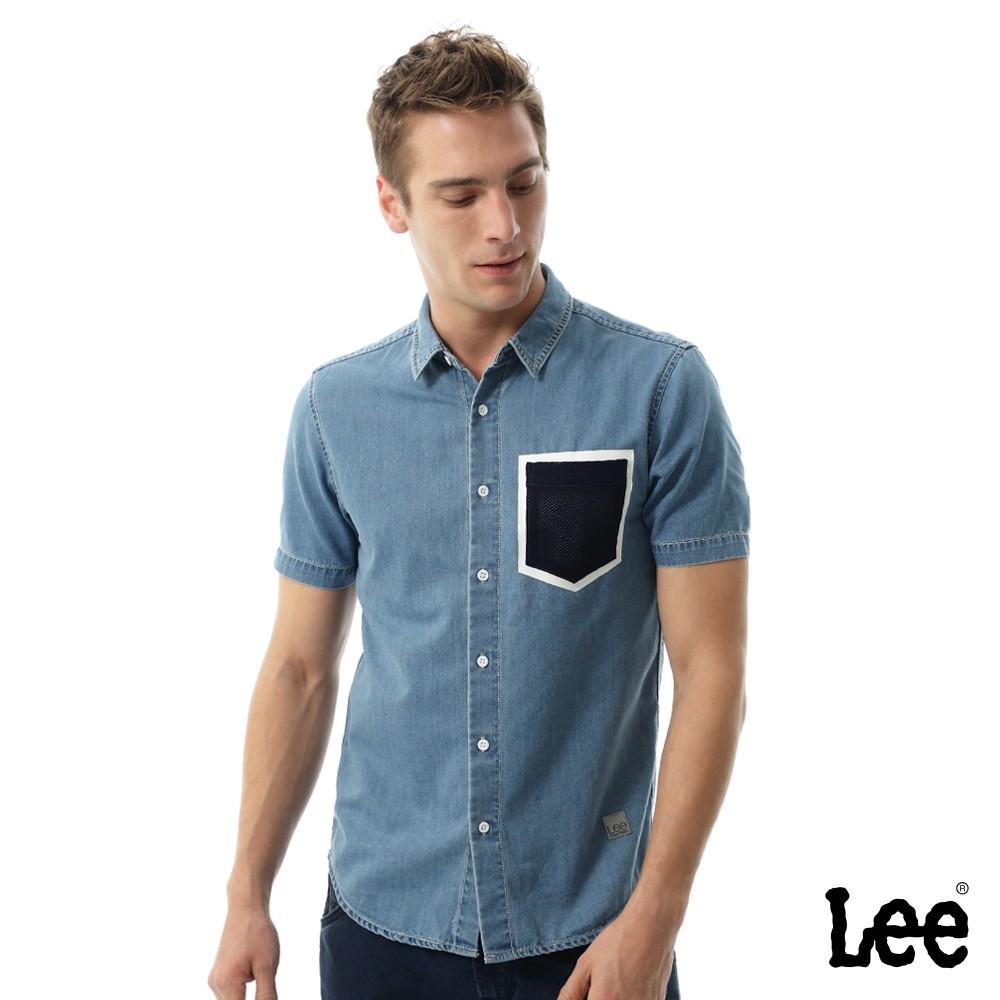 Lee 男款 涼感 造型口袋修身短袖牛仔襯衫 淺藍｜Urban Riders/Jade Fusion