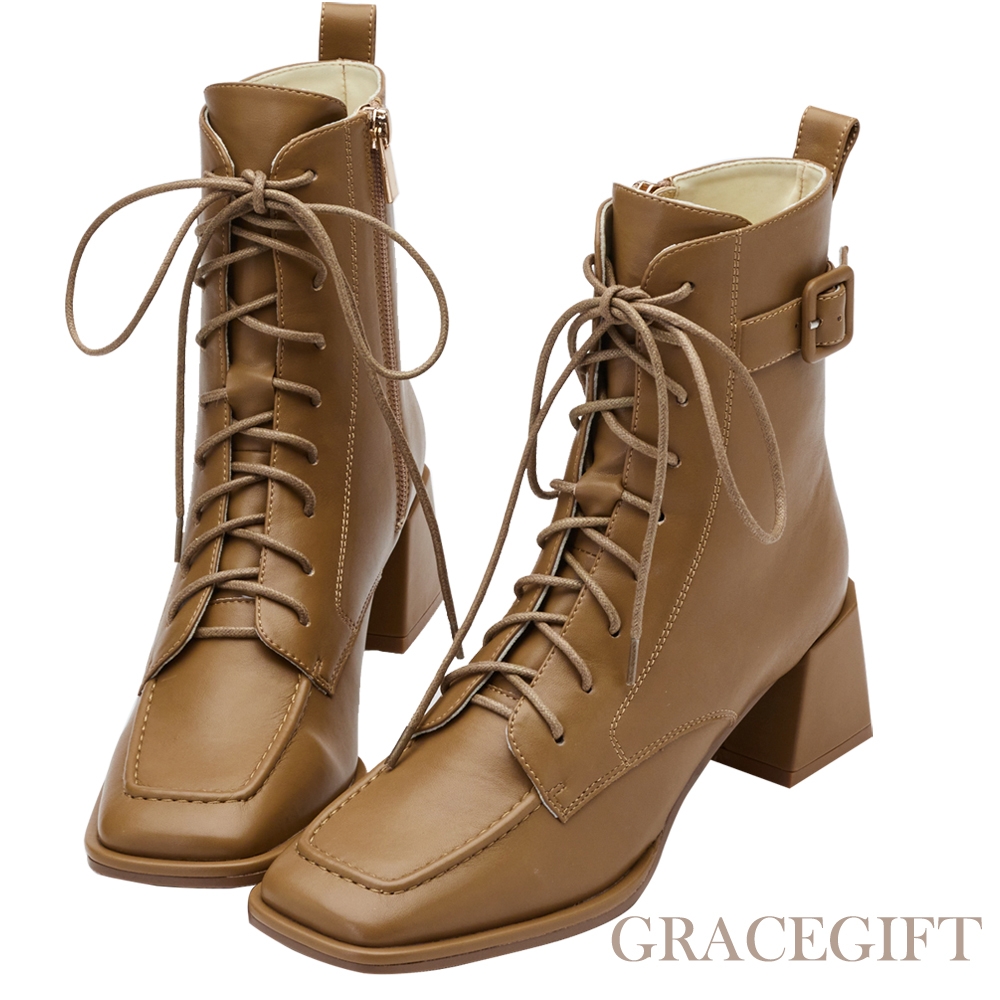 【Grace Gift】逸歡聯名-俏麗淑女方頭綁帶靴 棕